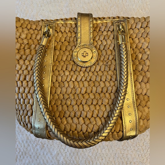Michael Kors Santorini Raffia Gold Studded Leather Trim Shoulder Bag - Picture 4 of 9